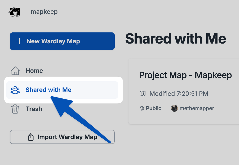 screenshot of the Shared with Me page highlighting Shared with Me button in the navigation menu with an arrow pointing to it