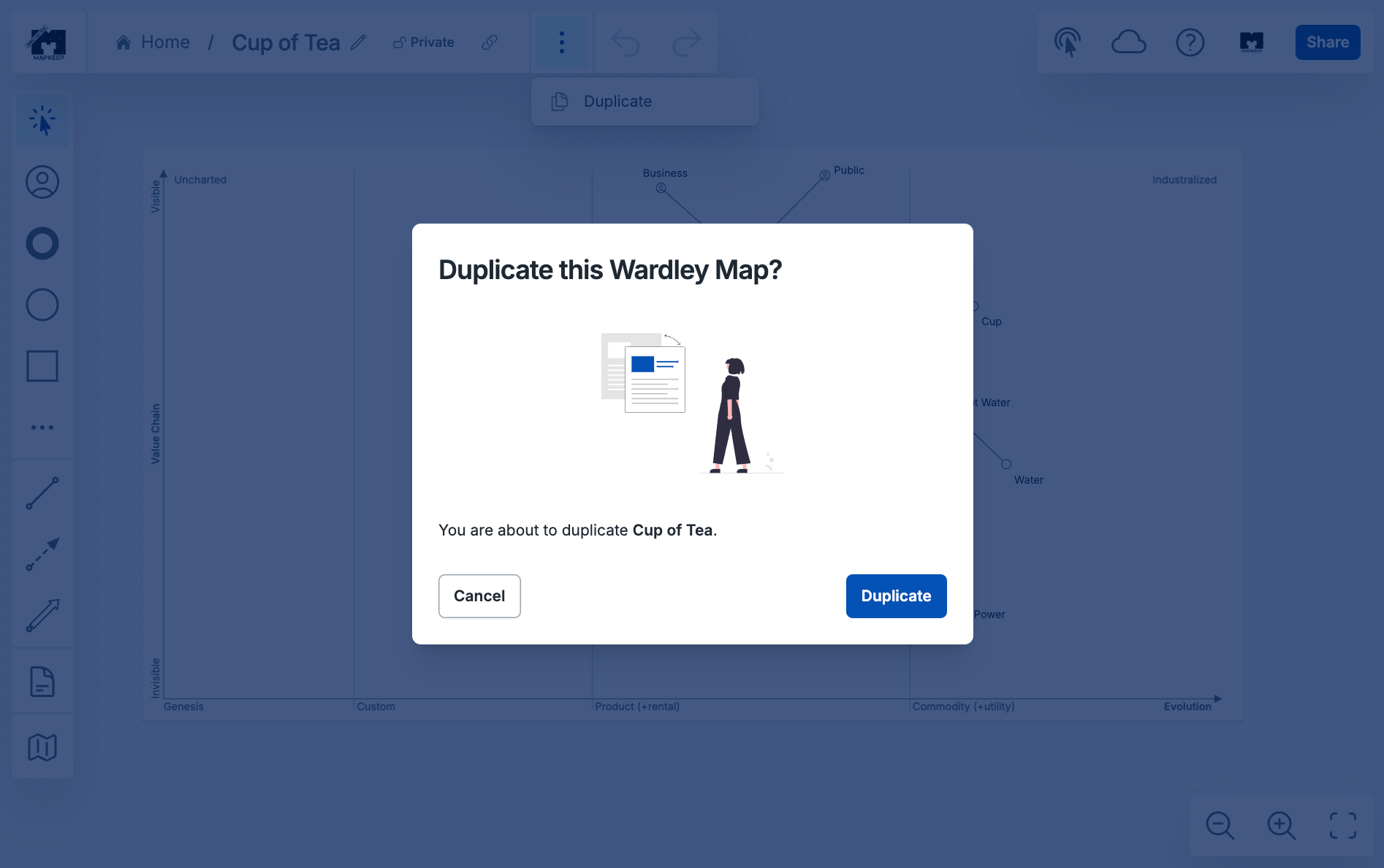 A screenshot of Mapkeep modal prompting to duplicate a Wardley Map.