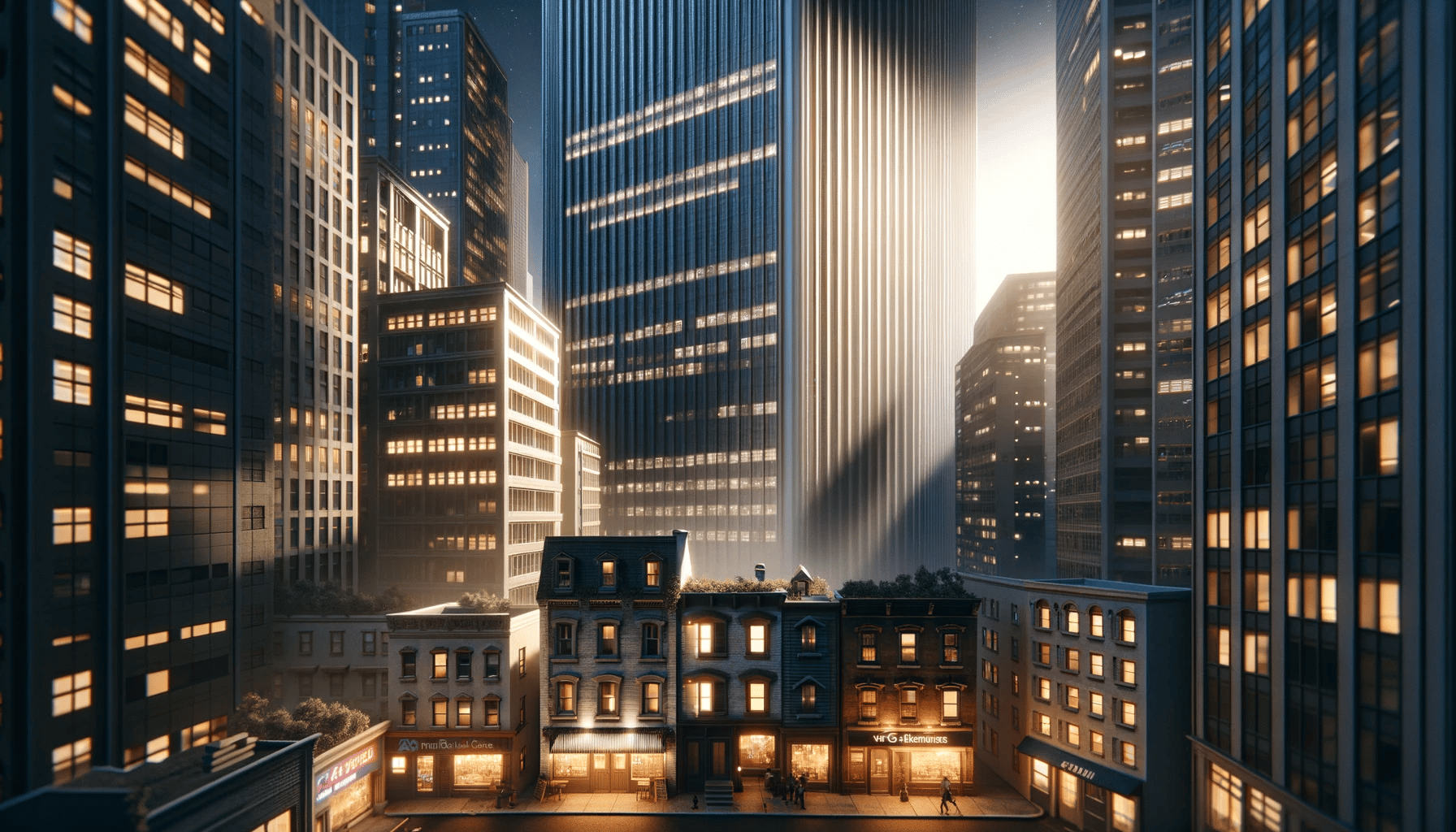 A photo-realistic image depicting a large, modern corporate skyscraper towering over small, quaint startup businesses in a cityscape. The skyscraper's imposing presence dramatically overshadows the humble storefronts, symbolizing the struggle and resilience of small businesses against larger corporations. The contrasting architecture and dramatic lighting emphasize the tension and disparity in the business world.