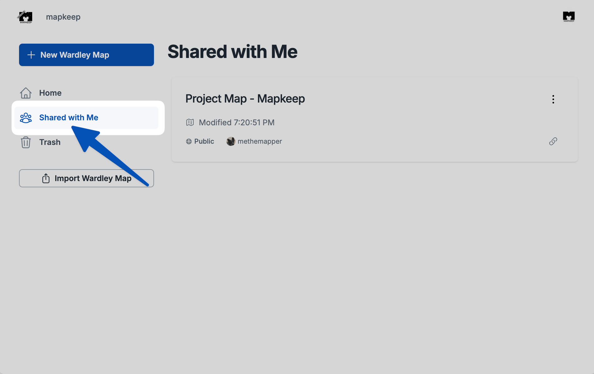 screenshot of the Shared with Me page highlighting Shared with Me button in the navigation menu with an arrow pointing to it